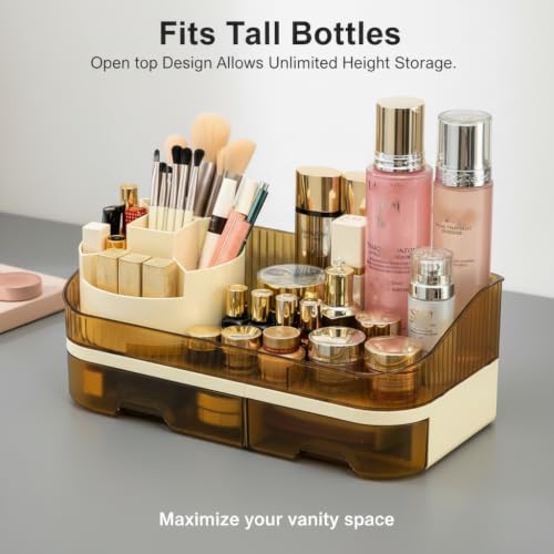 Brown Makeup Organizer with Dual Drawers and Rotating Top - TidyLadyo