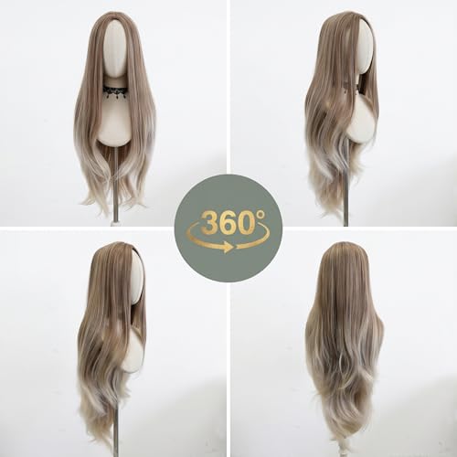 Long Ombre Blonde Wavy Curly Wig with Middle Part - Brown Ombre, 30 Inch Synthetic Hair for Women