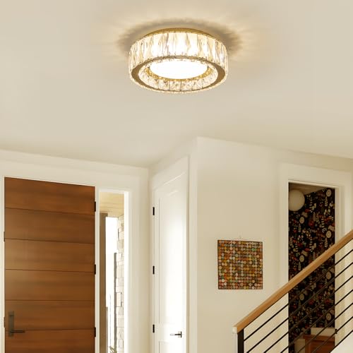 Gold 11-Inch Dimmable Crystal LED Flush Mount Ceiling Light - Modern Luxury Fixture