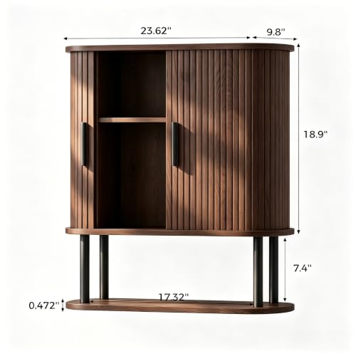 Walnut Fluted Bathroom Wall Cabinet with Tambour Sliding Door - 9.8"D x 23.6"W x 26.3"H - Modern Space Saver