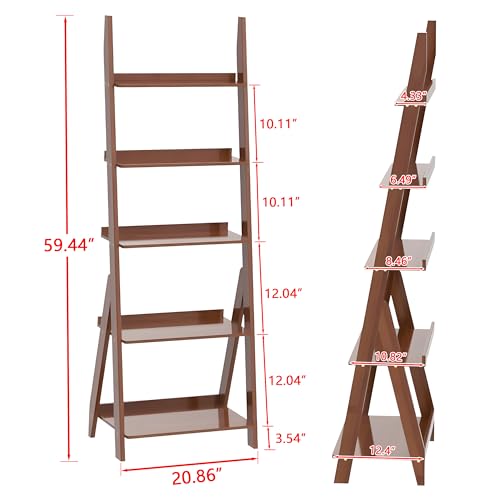 5-Tier Bamboo Ladder Shelf Bookcase - Walnut Finish, Free Standing Storage Organizer