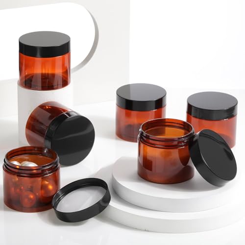 Patelai 60 Pcs Plastic Container Jars with Lids Round Clear Travel Cosmetic Container Jars for Toiletries, Lotion, Cream, Ointments, Makeup, Rhinestone, Samples, Kitchen Storage(Amber,6 oz)