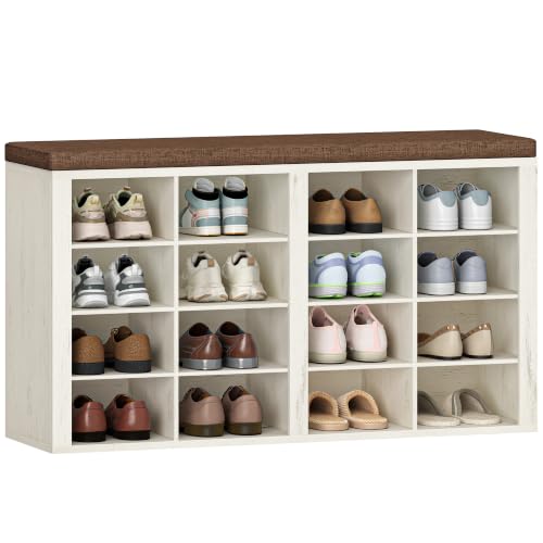 Rustic White Shoe Storage Bench with Cushion - 16 Cubby Entryway Organizer