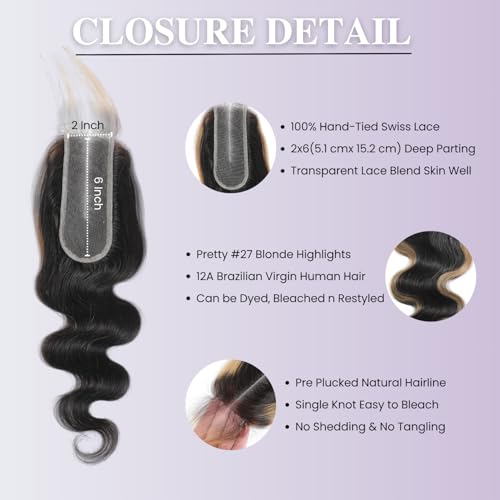 AUROO 12A Human Hair 2x6 HD Lace Closure Honey Blonde Highlights 10-20 Inch