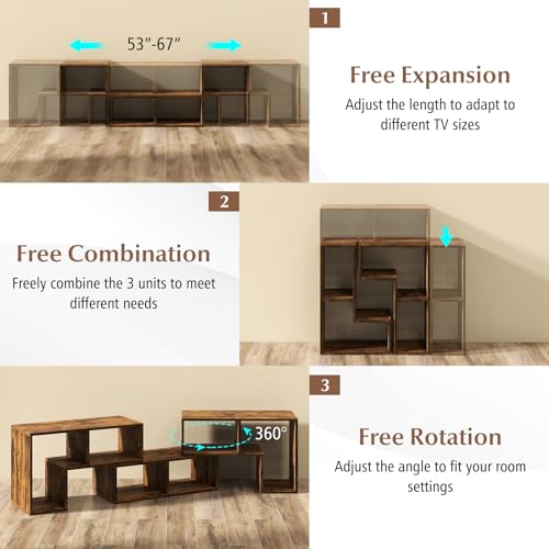 GIANTEX Brown Free-Combination TV Stand for 50-65 Inch Televisions, 3-Piece Media Console with Storage Cubes