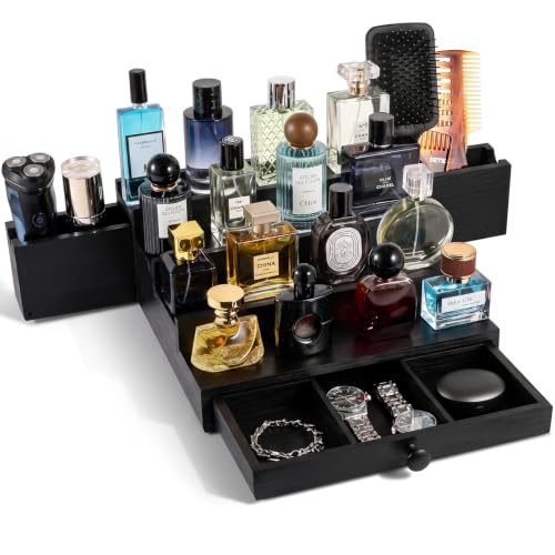 Cologne Organizer for Men - 4 Tier Black Solid Pine Wood Stand with Dual Drawers