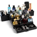 Cologne Organizer for Men - 4 Tier Black Solid Pine Wood Stand with Dual Drawers