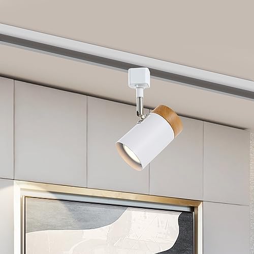 TeHenoo 6-Pack H-Type Track Lighting Heads - Compatible with 3-Wire 1-Circuit Systems, Natural Solid Wood Finish, Adjustable Luminaire