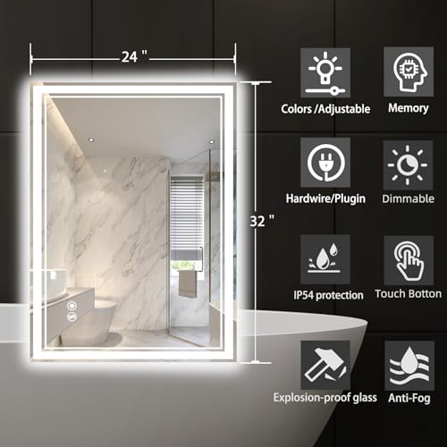 24x32 Inch LED Bathroom Mirror with Anti-Fog & Dimmable Lighting - High Brightness, Memory Function