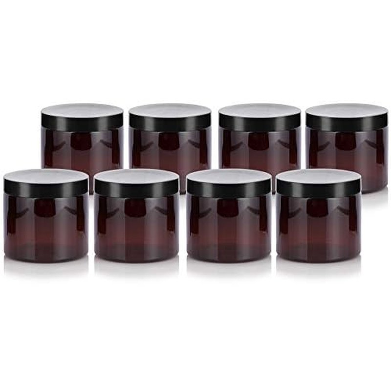 (8 Pack) 16 oz Amber Plastic Wide Mouth Jar with Black Lids