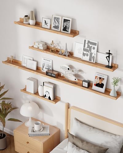 Oak Picture Ledge Shelf Set - 36 Inch Floating Wall Shelves with Lip, Natural Oak, Set of 2