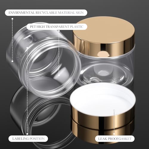 48 Pack 2 oz Clear Plastic Jars with Gold Lids - Refillable Storage Containers for Cosmetics, Spices, Crafts