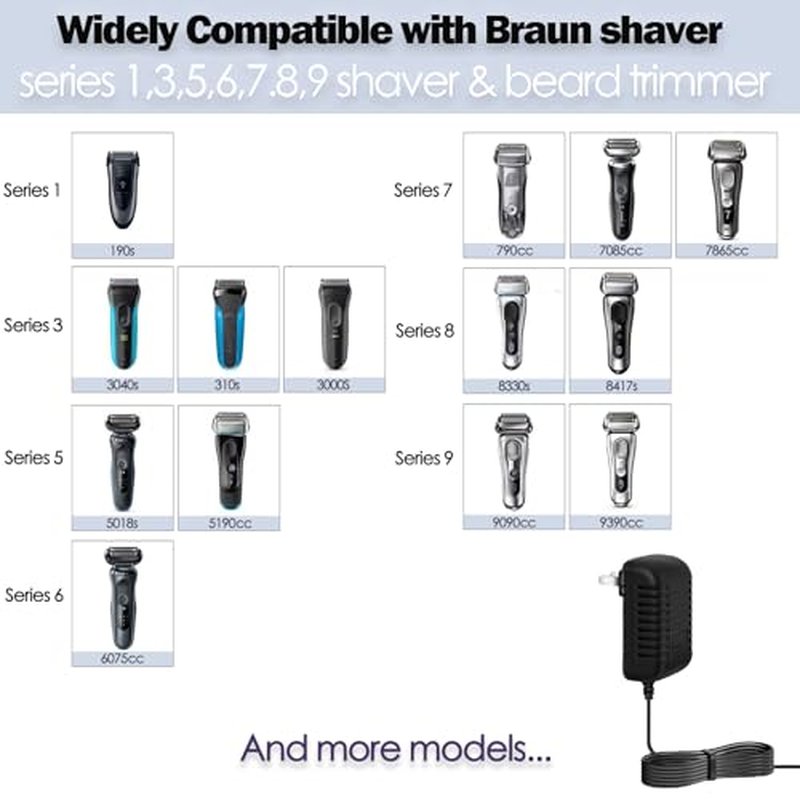 12V Charger for Braun Series s3 s5 s6 s7 s8 s9 Shaver, Charger Cord Wall Power Adaptor Replacement Compatible with Braun Beard Trimmer Electric Razor 5544 Z20 5513 310s 3040s