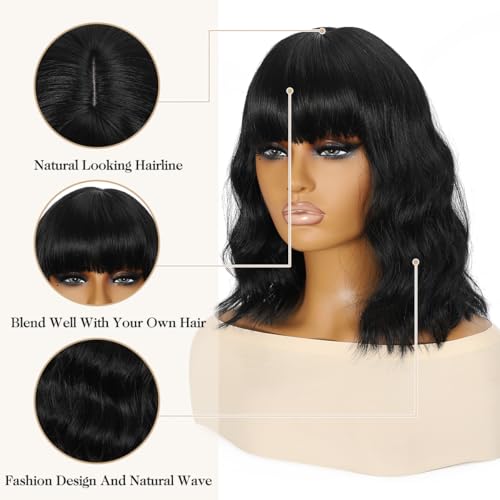 Black Wavy Wig with Bangs 14 Inch Heat Resistant Fiber Shoulder Length