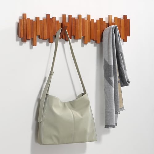Acsigesn Cherry Wall Mount Coat Rack with 7 Flip-Down Hooks, Handmade Walnut Wood