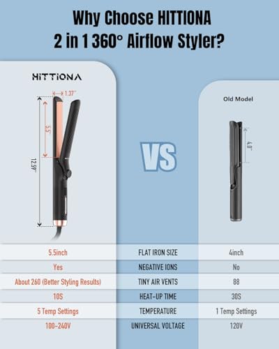 HITTIONA Coal Black 360° Airflow Styler Curling Iron 2-in-1 Flat & Curling Iron