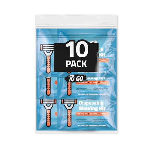 Shaving Kit with Razor, Shaving Cream, Washcloth & Aftershave Wipe ? Men¡¯s Travel Shave Set for Hotels, Shelters & Outreach ? Disposable Grooming Pack (Blue) (10)