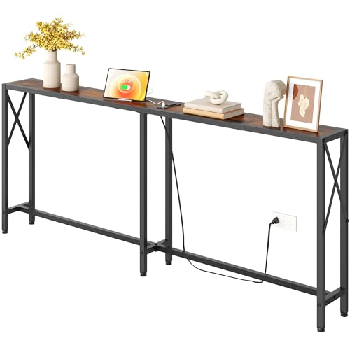 Rustic Brown 70-Inch Narrow Sofa Table with Outlets Behind Couch