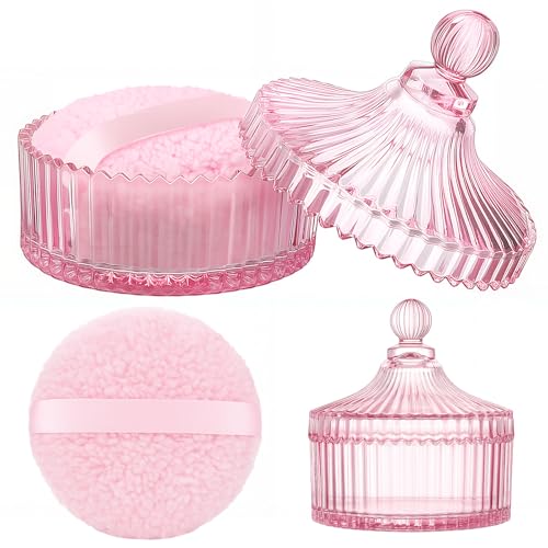 Extra Large Body Powder Puff and Container, 5.5'' Crystal Container with 5.3'' Oversize Dust Powder Puff Washable Reusable Face Body Glitter Wet Dry Makeup for Women(Pink)