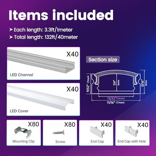 40 Pack LED Strip Channel with Milky Diffuser - 3.3ft Silver Aluminum for Indoor & Outdoor Lighting