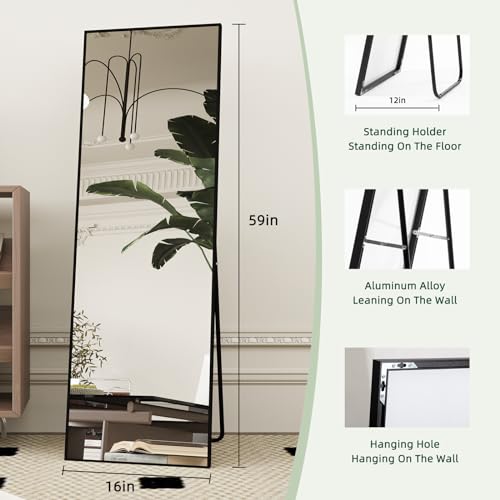 Beauty4U 59" x 16" Black Full Length Mirror with Stand - Floor, Leaning & Wall Mountable