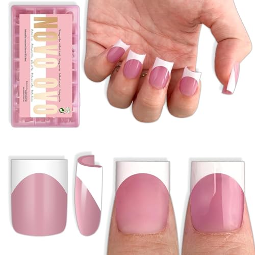 Short Sharp Square White French Tip Nail Tips - Berry Pink Variation, 240 pcs