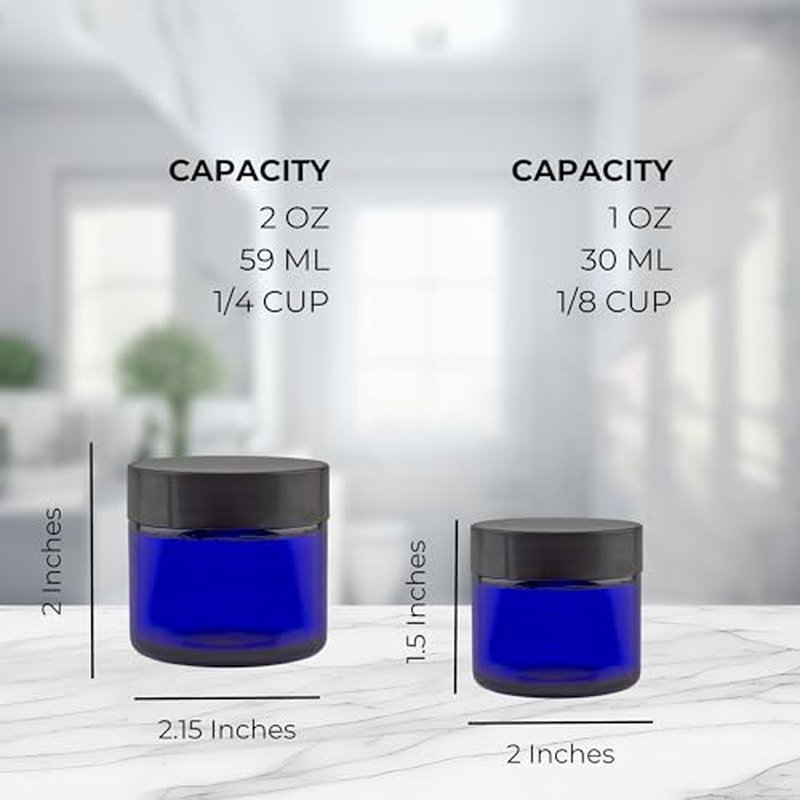 Cornucopia Brands Combination 12 Pack of Cobalt Blue 1oz & 2oz Glass Cosmetic Jars, Lids Included; Refillable Containers for Creams, Lotions