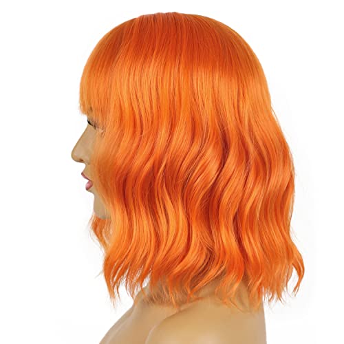 LANICE Short Wavy Cosplay Wigs with Bangs - Orange, 12 Inch Synthetic Hair for Women