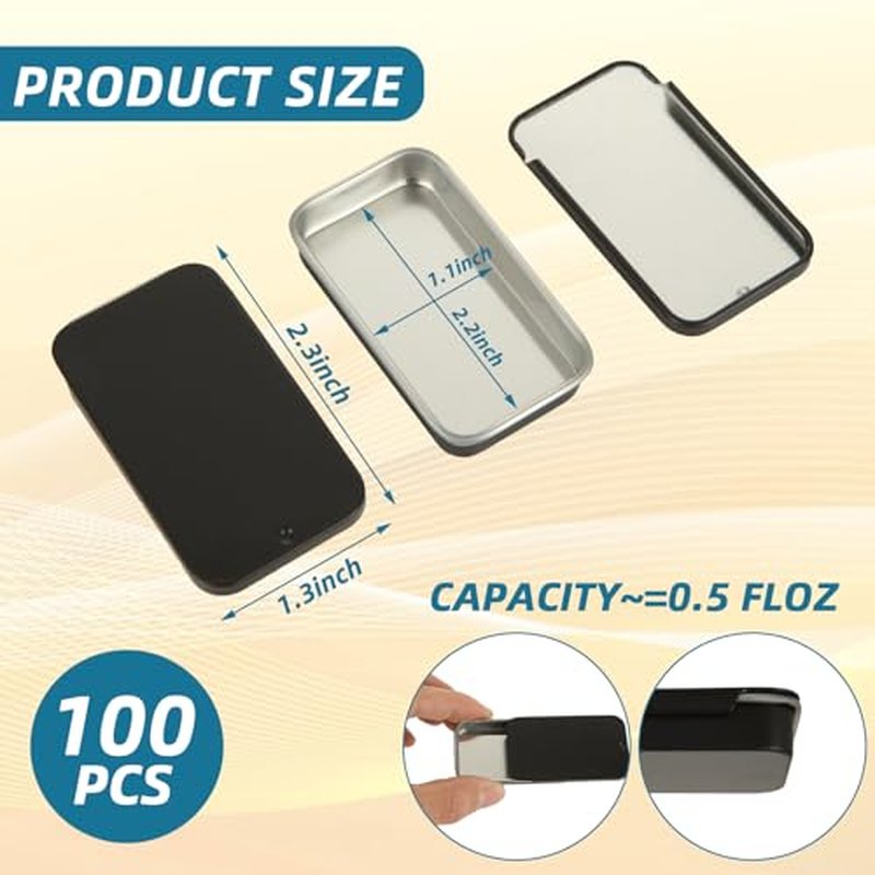 100 Pack Mini Tin Box Small Tin Containers with Slide Top Lids, Empty Mini Metal Tins with Lids for Storage Candies, Jewelry, Crafts, Pills, 2.36 X 1.3 X 0.4 (Black)