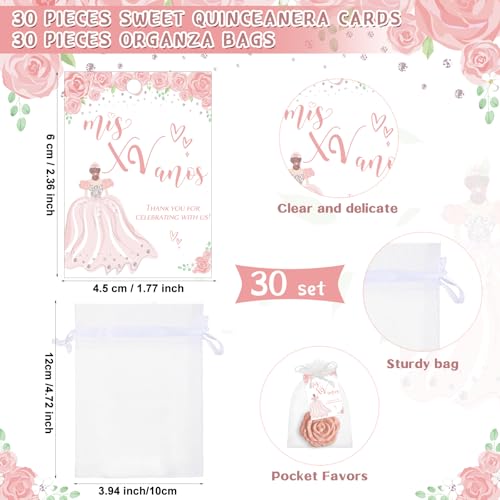 Wenqik 30 Sets Quinceanera Party Favors for Guests Rose Design Compact Pocket Mirrors Quinceanera Cards Thank You Gift and Organza Bags Birthday Party Favor (Champagne Pink)