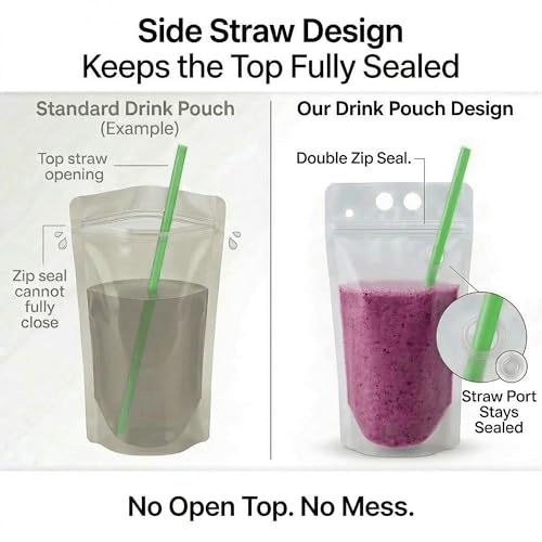 400pcs Drink Pouches with Side Straw Port, 17oz Stand-Up Beverage Bags & Individually Wrapped Straws - Bulk Party Drink Supplies (Pack of 1)