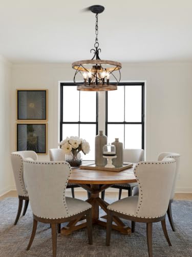 Dawn Whisper Gray Farmhouse Chandelier 15.7" Rustic Wood Drum Light Fixture for Dining Room
