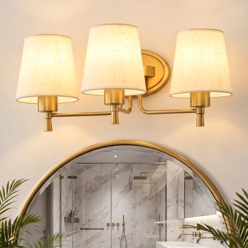 Deyidn Gold Brushed Bathroom Light Fixtures 3 Lights with Linen Shade - Modern Vanity Lighting
