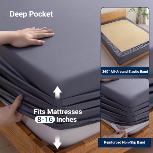 Queen Size 4-Piece Bamboo Viscose Bed Sheet Set - Dark Grey, Cooling & Soft