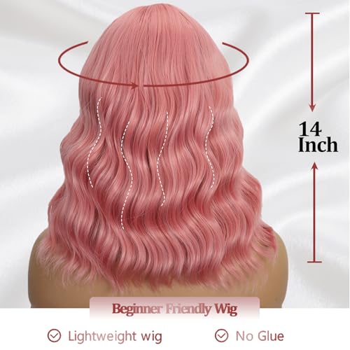 Mxayhnajxl Pink Wigs with Bangs for Women, 14 Inch Short Wavy Bob Cosplay & Party Wig
