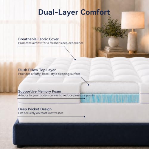 White Queen Mattress Topper 3 Inch Dual Layer Memory Foam Pillow Top