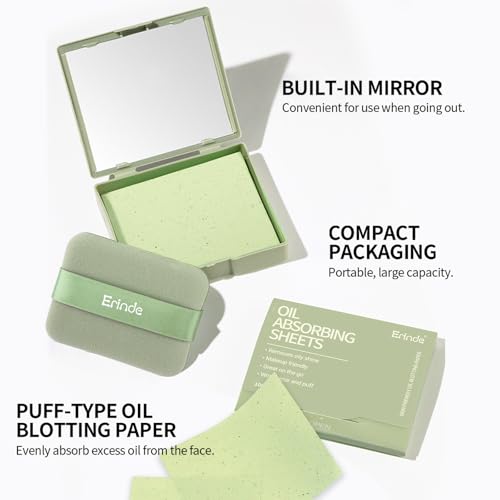 Erinde Oil Blotting Sheets for Face with Mirror and Puff, 300 Sheets Oil Blotting Paper for Oily Skin, Face Oil Absorbing Sheet, Natural Oil Control Film, Absorb Excess Oil, Makeup Friendly