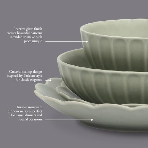 Malibu Shore Green 16-Piece Dinnerware Set Service for 4 Scalloped Stoneware