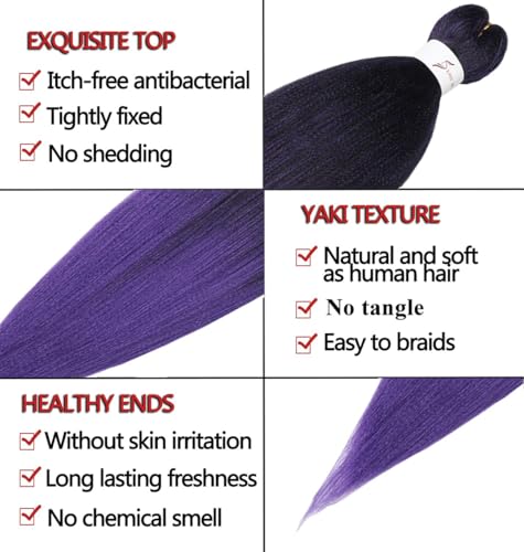 Pre-Stretched Braiding Hair Extensions 42 Inch - Ombre Black to Purple, 8 Packs, Soft Yaki Texture, Hot Water Setting