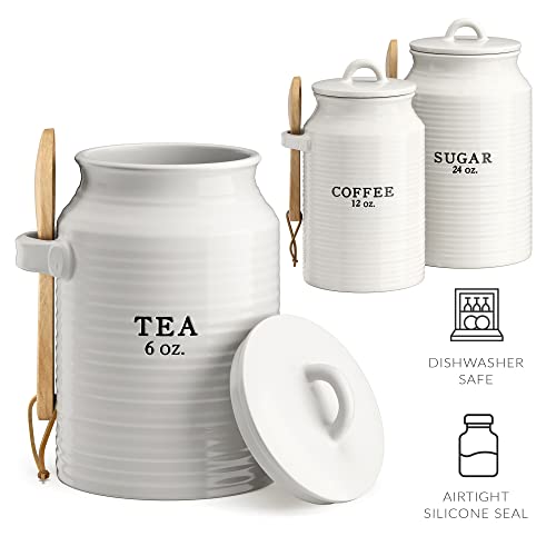 Barnyard Designs White Ceramic Kitchen Canister Set with 3 Lids - Tea, Coffee, Sugar, Set of 3