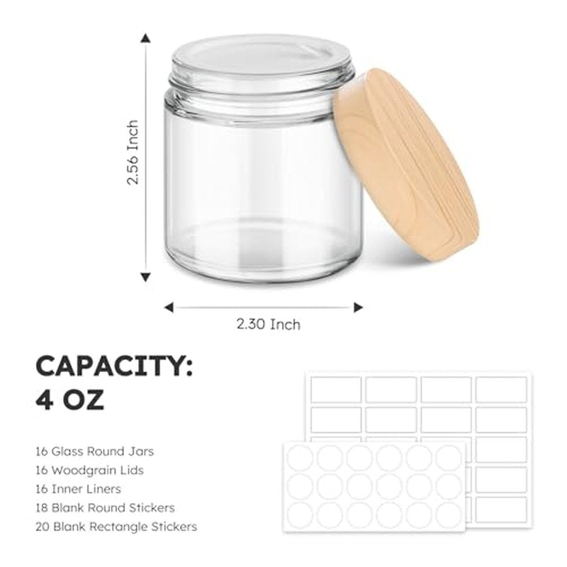 16 Pack 4 OZ Glass Jars with Lids, Small Glass Containers with Plastic Woodgrain Lids & Inner Liners, Reusable Travel Containers for Creams, Makeup, Lotion, Cosmetic, Ointment