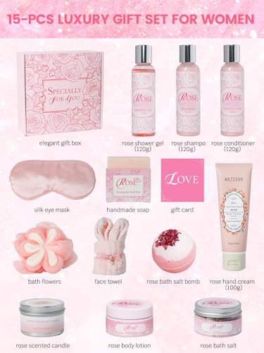 15-Piece Rose Spa Gift Set for Women - Bath & Body Care Kit