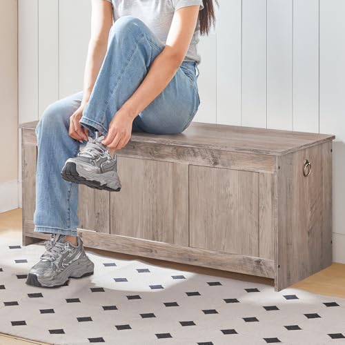 39.3-Inch Wooden Storage Bench with Lift Top - Retro Toy & Entryway Organizer, Greige Variation
