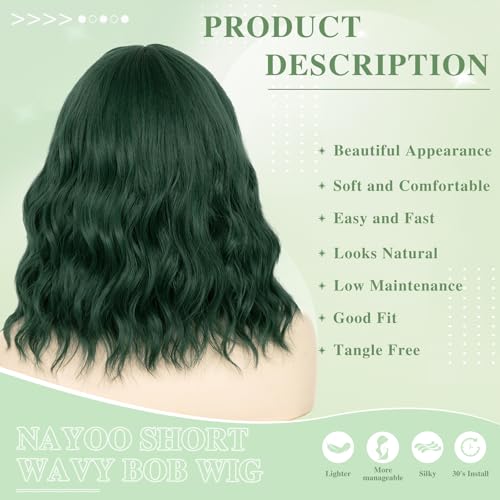 NAYOO Dark Green Wavy Bob Wig with Bangs - 14 Inch Short Green Synthetic Hair for Daily Wear & Cosplay