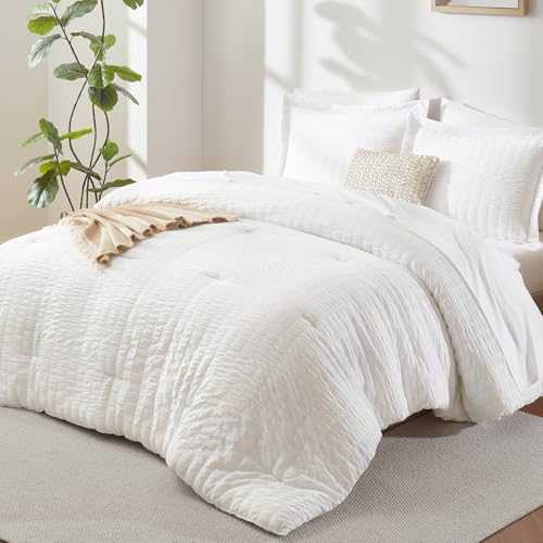 White King Size Seersucker Comforter Set - 7 Pieces All-Season Bedding