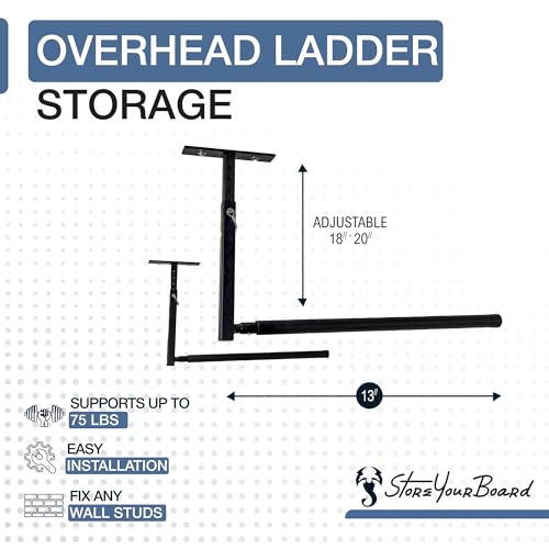StoreYourBoard Adjustable Overhead Ladder Rack - Garage Ceiling Storage, Single