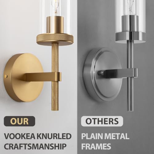 19.5-Inch Gold Knurled Wall Sconces Set of 2 with Clear Glass Tubes - Modern Bathroom Vanity & Living Room Lighting