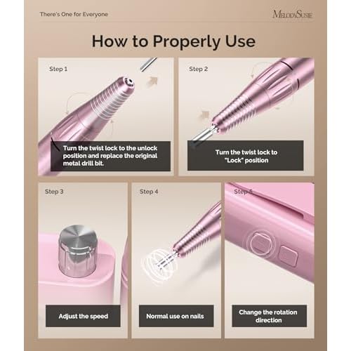 MelodySusie Entry-Level Clip-On Rechargeable Essential Nail Drill, SC300F 30000RPM E-File with LCD Display for All Manicure Shaping & Gel Removal, Ideal for Training,Nail Art Practice & Home Use, Pink