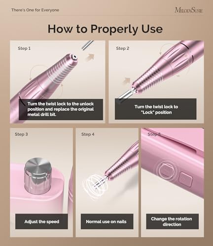 Pink MelodySusie Clip-On Cordless Nail Drill 30,000 RPM for Beginners