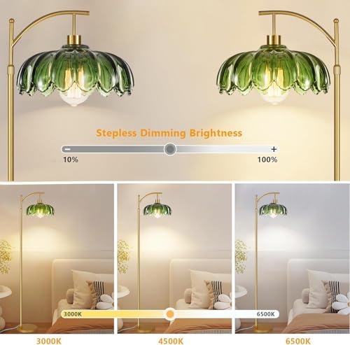 Dimmable Green Glass Floor Lamp with Remote - Mid Century Modern Brass Tall Arc Lamp, 02-Floor Lamp